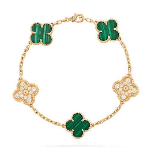   Vòng tay Van Cleef & Arpels Alhambra 5 hoa vàng 18K kim cương 3 Malachite