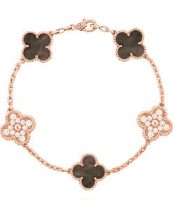   Vòng tay Van Cleef & Arpels Alhambra 5 hoa vàng hồng 18K kim cương 3 xà cừ xám