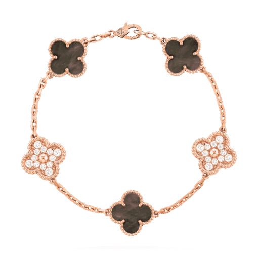   Vòng tay Van Cleef & Arpels Alhambra 5 hoa vàng hồng 18K kim cương 3 xà cừ xám